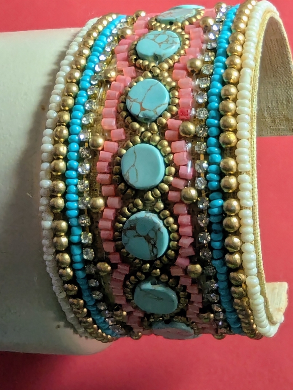 Bead & Crystal Embroidered Cuff bracelet Southwestern Art Nouveau style Vintage